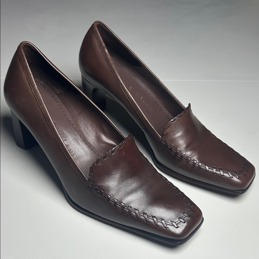 ANTONIO MELANI Shoes Women's Size 8 Brown Leather Blocked Heel A7 Derby Stitched
